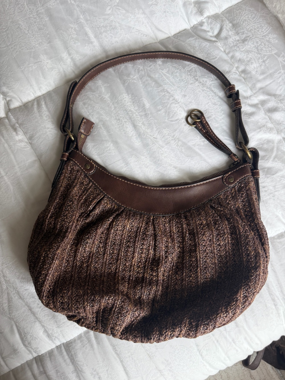 Fossil Brown Woven Shoulder Bag with Leather Trim